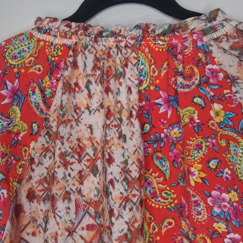 Savanna Jane Mixed Print Floral Embroidered Blouse Ruffle Tie Neck Boho L - Picture 11 of 16